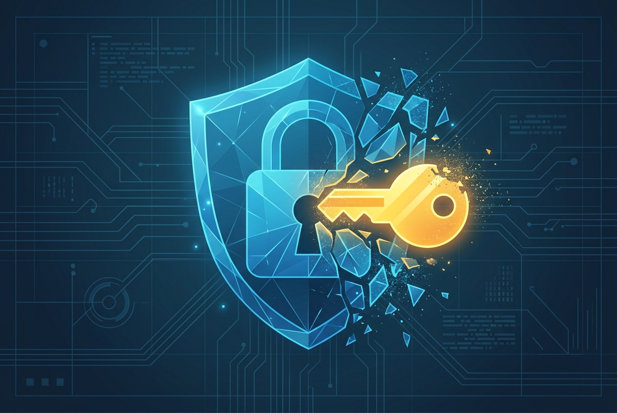 Illustration: BitLocker encryption bypass concept — a digital shield being broken through