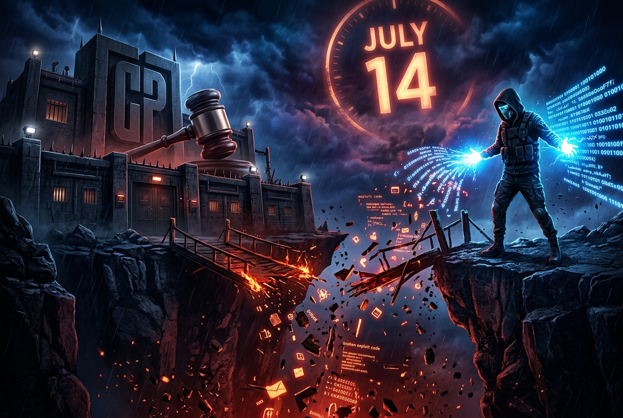 Illustration: A severed bridge between a corporate tower and a lone figure, with broken exploit code fragments falling into the chasm — representing the total breakdown of coordinated vulnerability disclosure.