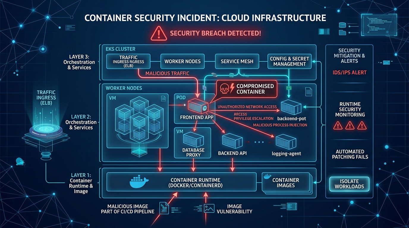 Container escape vulnerability diagram showing cloud infrastructure security breach