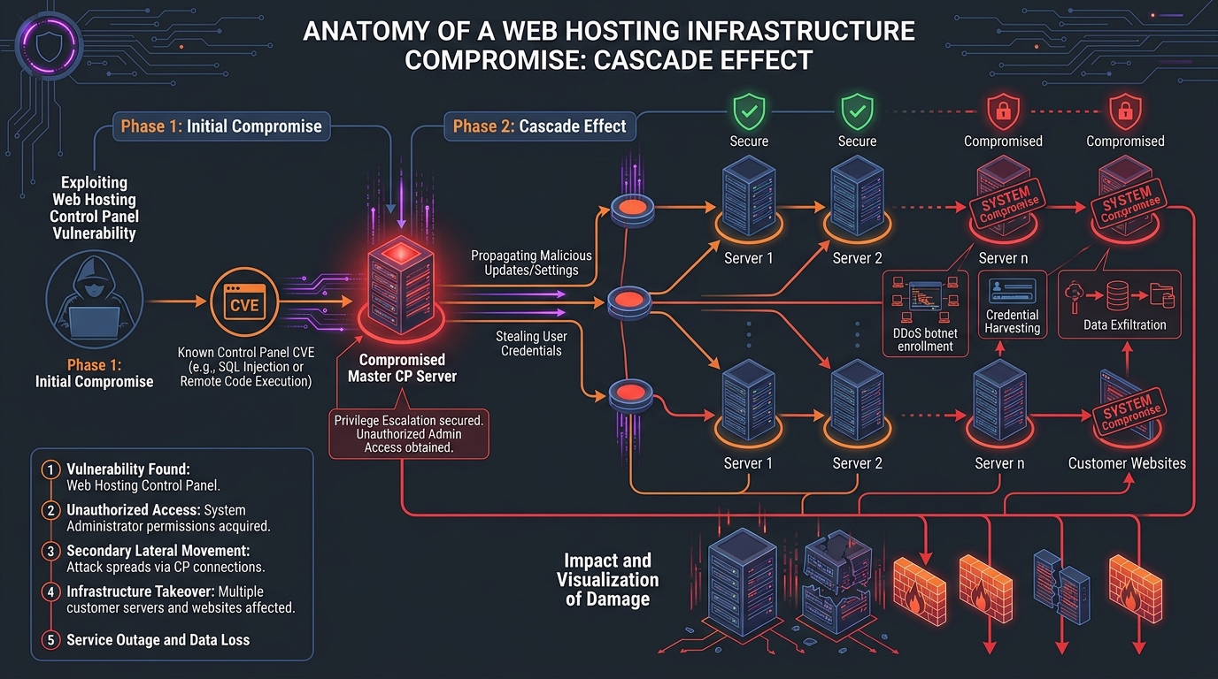 Server infrastructure exploitation chain showing how cPanel authentication bypass cascades across hosted websites