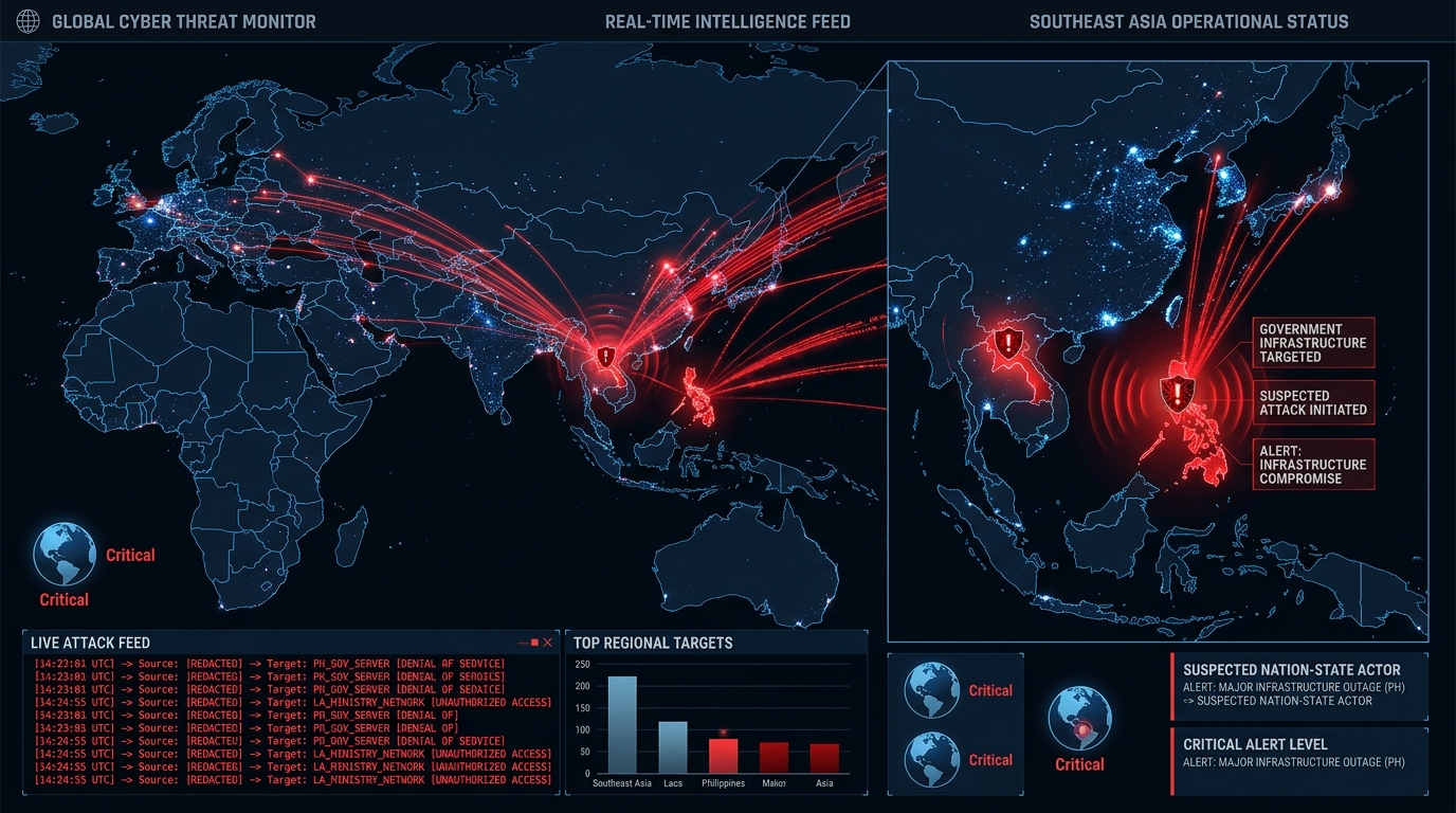 Southeast Asia cyber attack targeting map showing government infrastructure compromise
