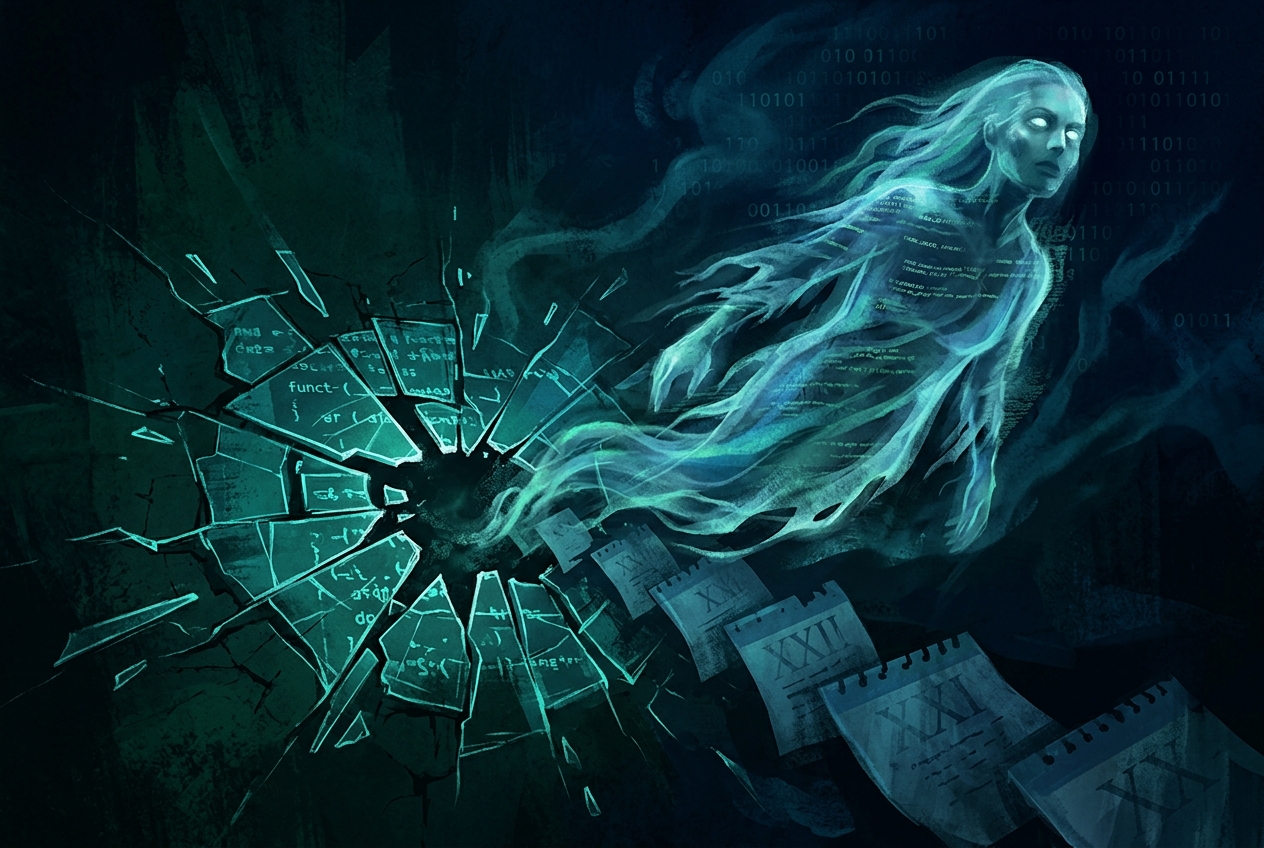 Illustration: A ghostly vulnerability emerging from a cracked software patch — representing a bug that was supposedly fixed years ago
