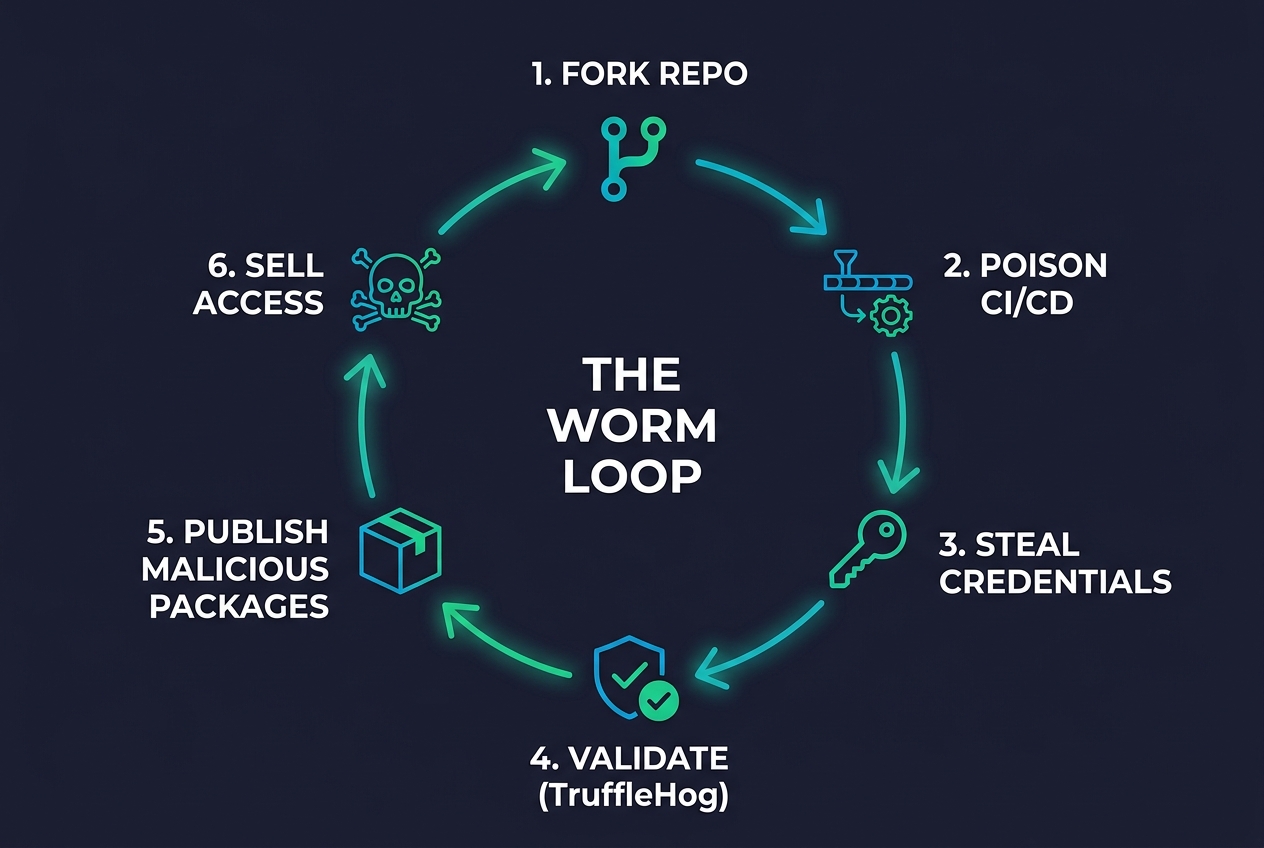 Mini Shai-Hulud attack loop diagram showing the 6-step cycle: Fork Repo, Poison CI/CD, Steal Credentials, Validate with TruffleHog, Publish Malicious Packages, Sell Access