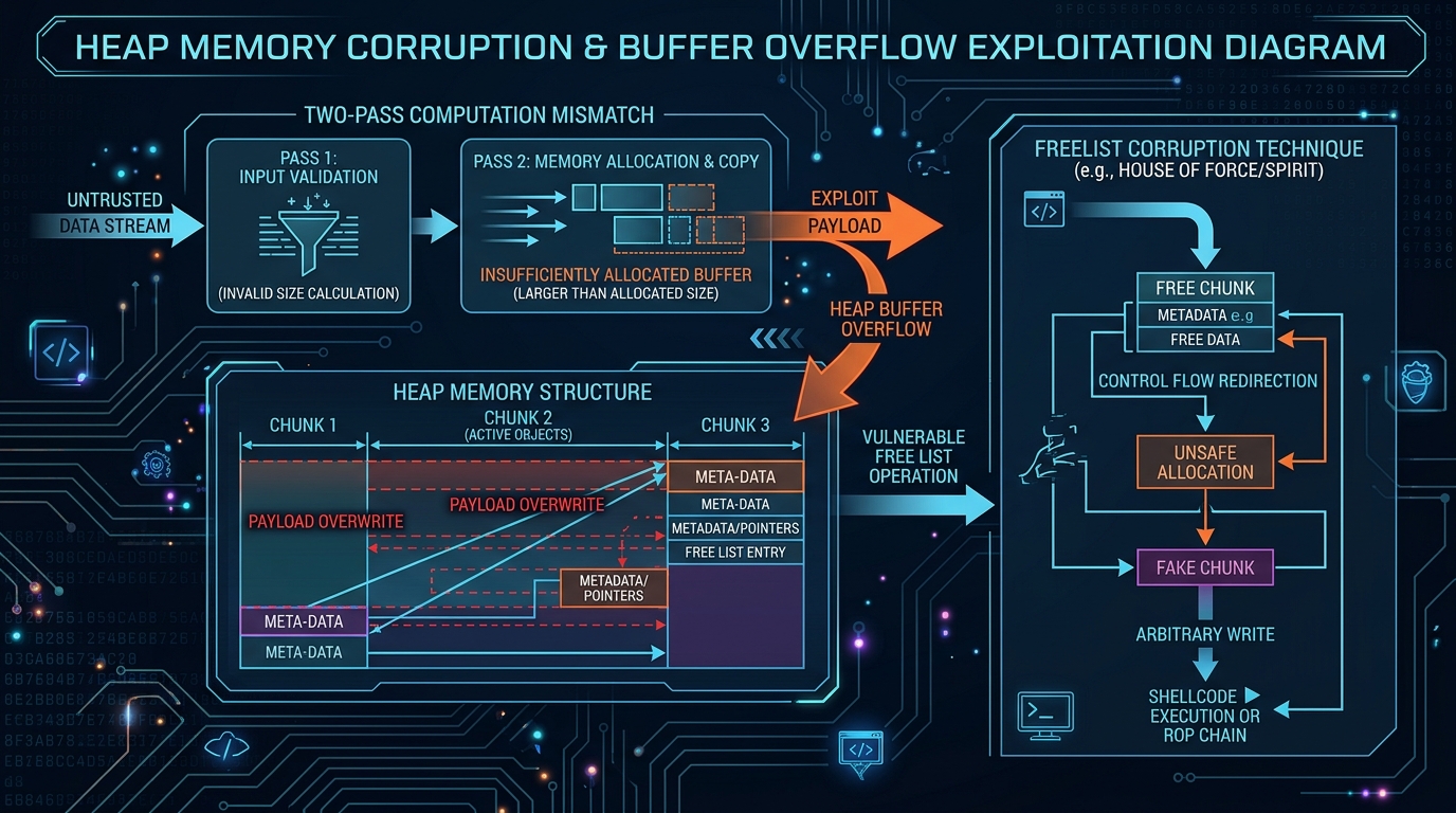 Heap buffer overflow exploitation diagram showing NGINX rewrite module two-pass mismatch